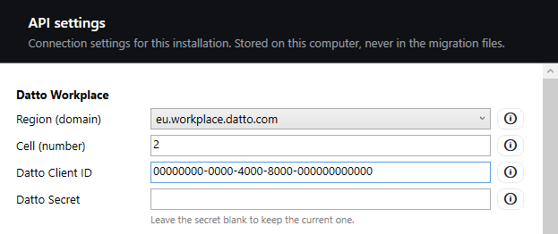 The API settings screen's Datto Workplace section: Region, Cell, Client ID and a blank Secret field