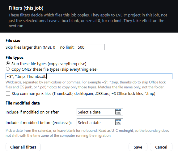 The Filters dialog, showing file size, file type and modified date settings