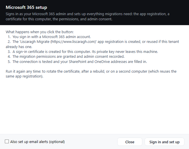 The Microsoft 365 setup wizard, listing the five things it does before you sign in
