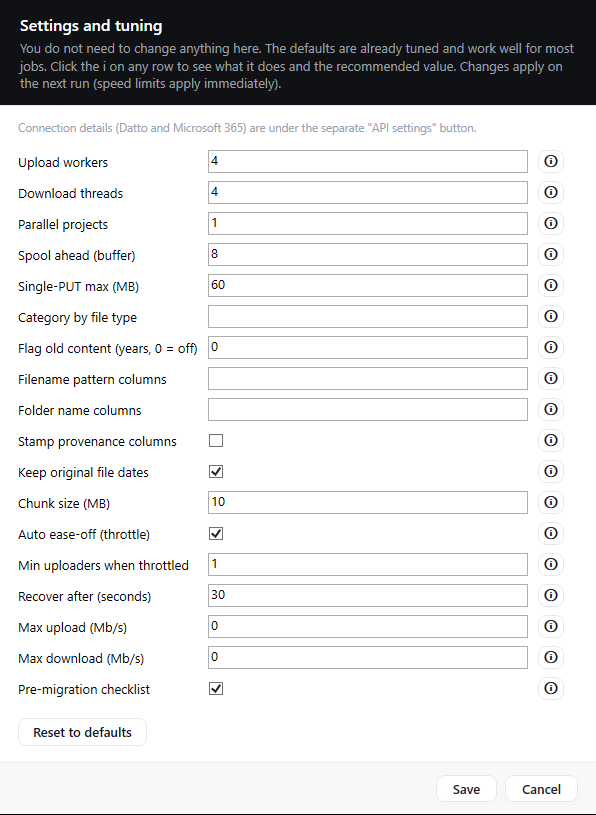 The Performance and tuning settings panel, showing all its tunables at their default values