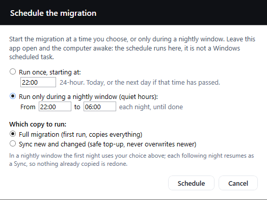 The Schedule the migration dialog, set to run only during a nightly window from 22:00 to 06:00